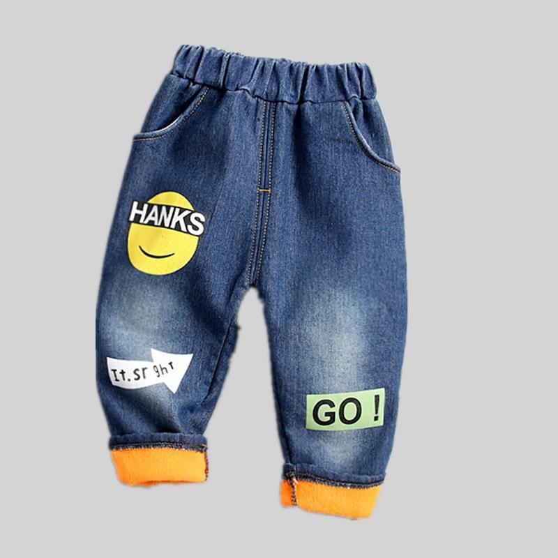 Kids Cotton Denim Winter Pants, Blue and Orange Casual Trousers