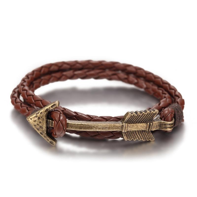 Vintage Multilayer Leather Anchor Bracelet with Bronze Arrow