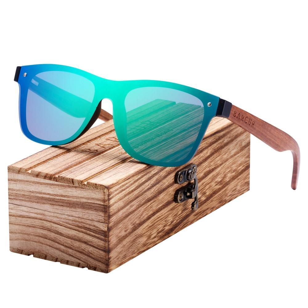 Square wood frame sports sunglasses with polarized high-definition lenses