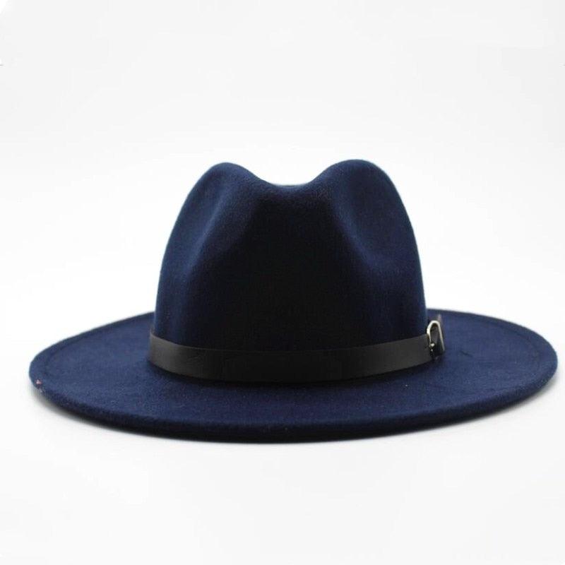 Vintage Wide Brim Fedora Hat with Buckle - Retro Wool Blend Cap