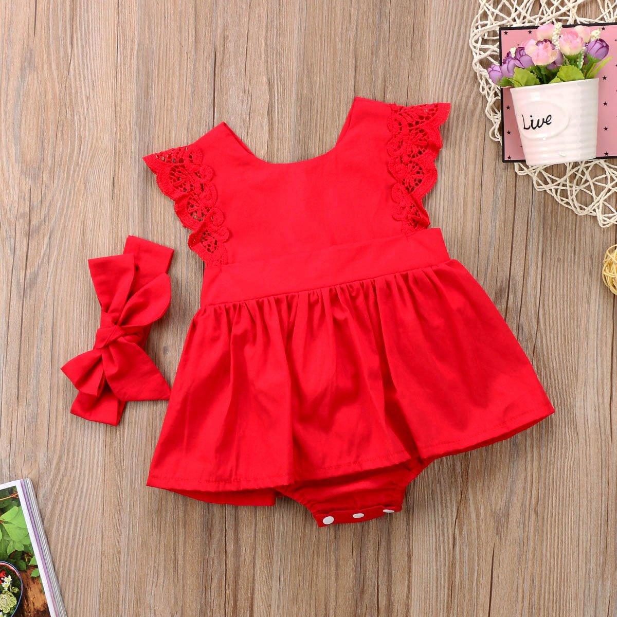 Red Lace Ruffle Romper Dress with Headband for Baby Girls