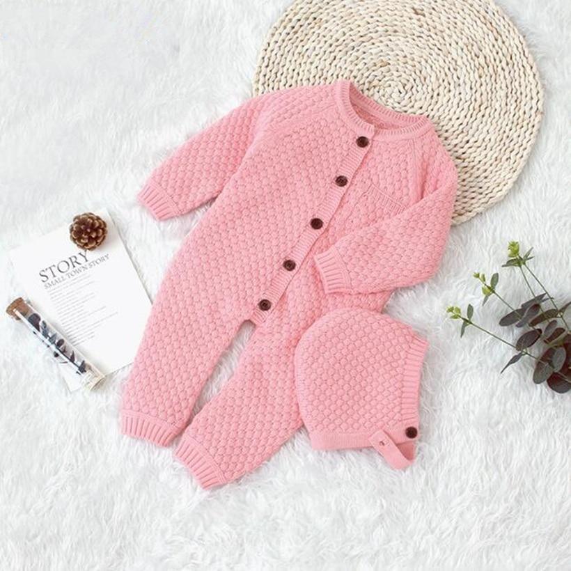 Classic Knitted Cotton Baby Romper with Hat Set for Winter