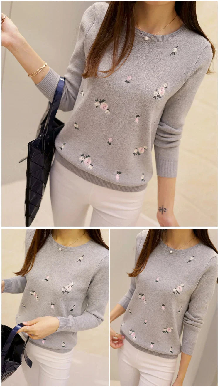 Women Floral Embroidered Knit Sweater Long Sleeve Pullover - Image 9