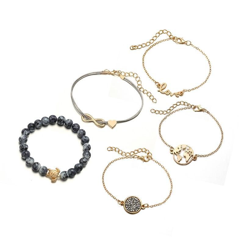 Boho Crystal Marble Heart Cuff Bracelet - Gold Infinity Love Knot