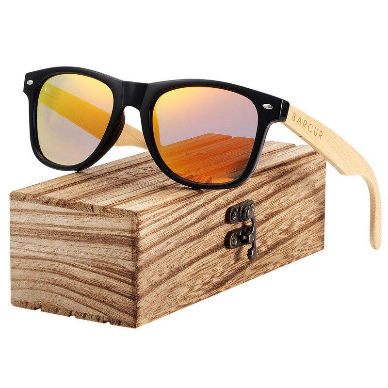 Unisex retro rectangular sunglasses featuring walnut wood arms and matte black frames.