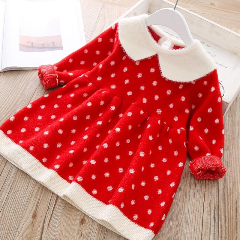 Baby girl retro-style polka dot knit sweater dress in various colors