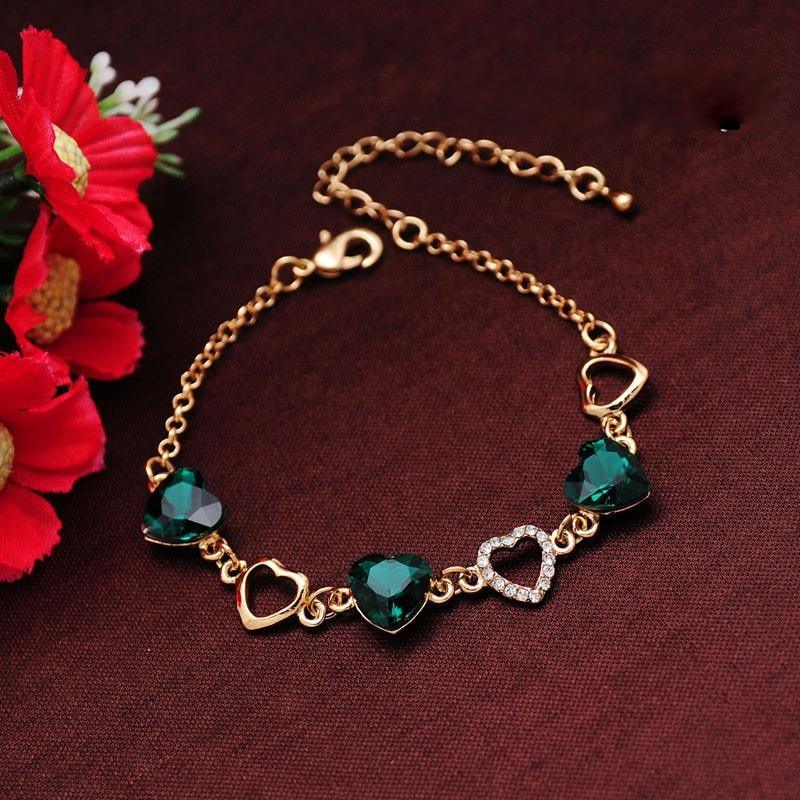 Double Heart Crystal Charm Bracelet in Romantic Gold Tone