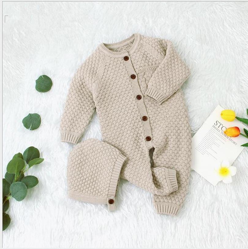 Classic Knitted Cotton Baby Romper with Hat Set for Winter