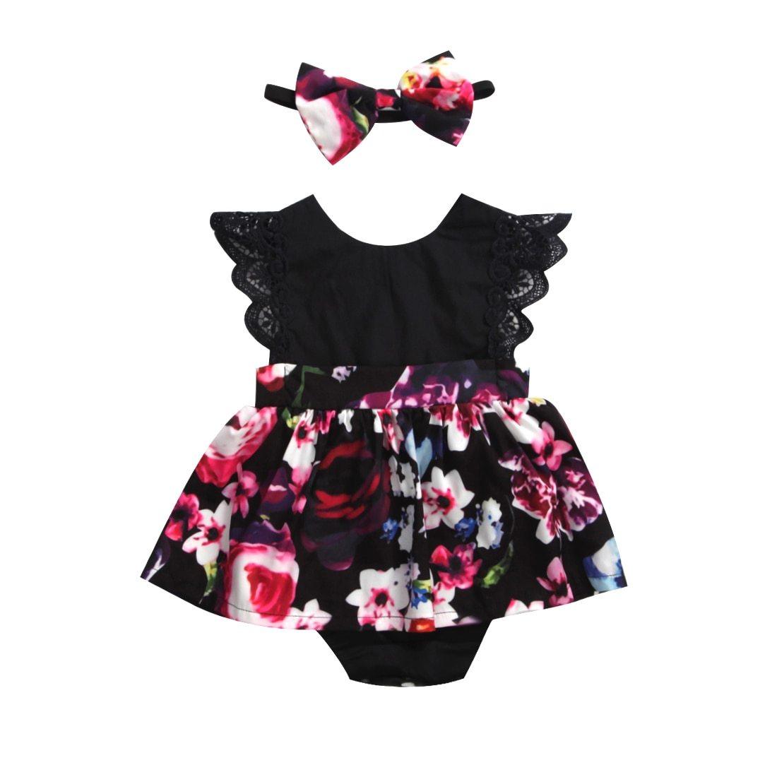 Newborn Baby Girl Floral Romper Tutu Dress with Bow