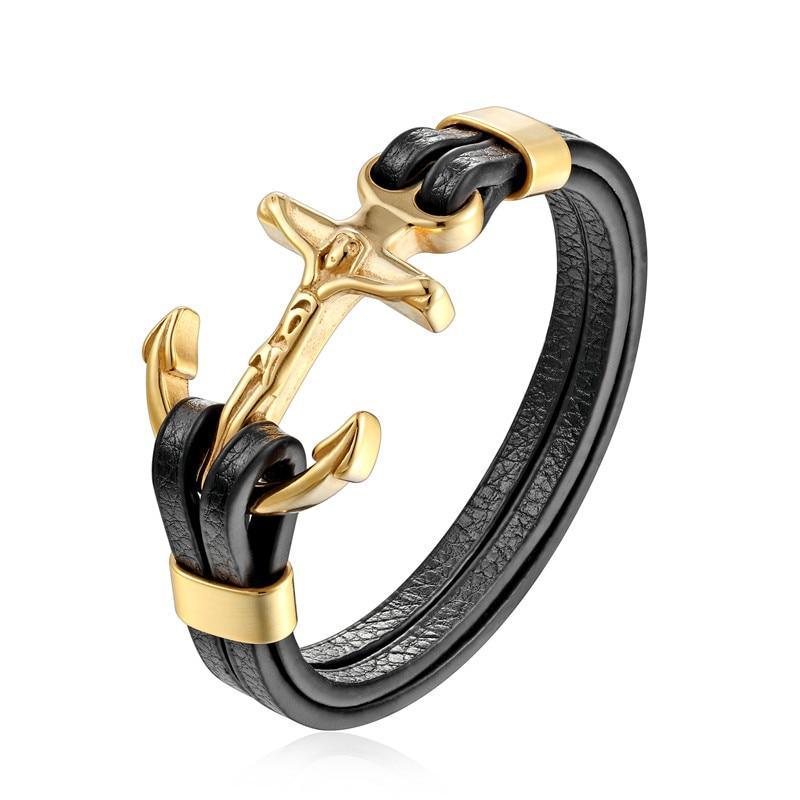 Men's Multi-Layer Braided Leather Anchor and Lion Charm Bracelet
