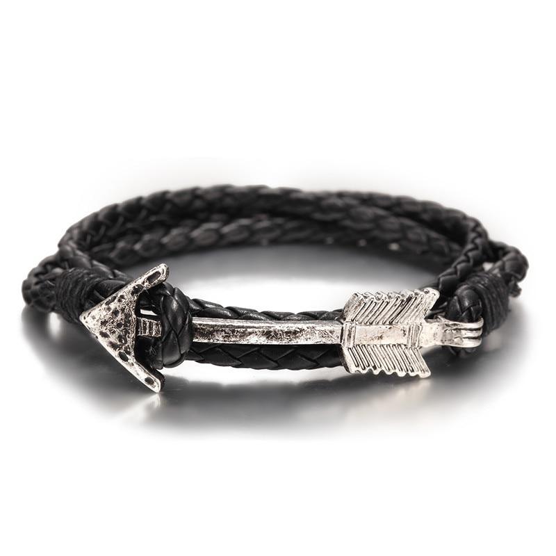 Vintage Multilayer Leather Anchor Bracelet with Bronze Arrow