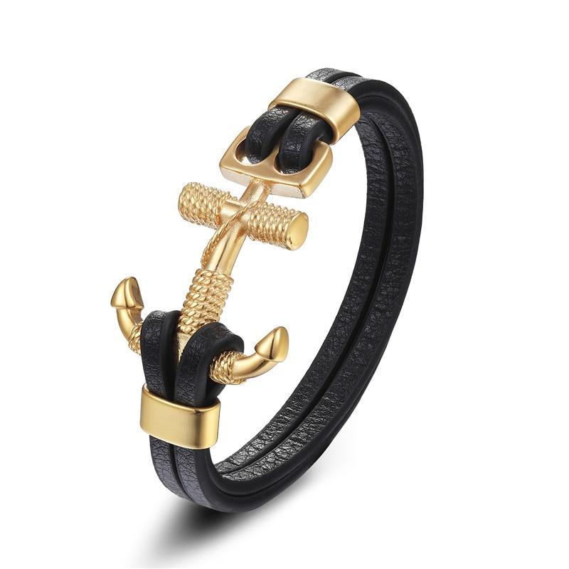 Men's Multi-Layer Braided Leather Anchor and Lion Charm Bracelet