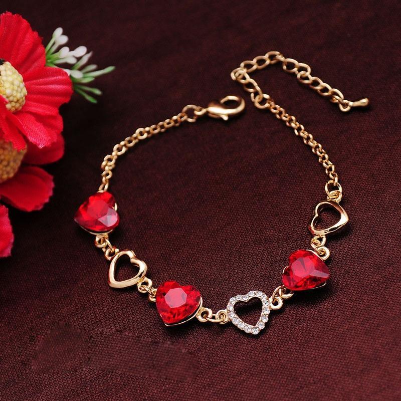 Double Heart Crystal Charm Bracelet in Romantic Gold Tone