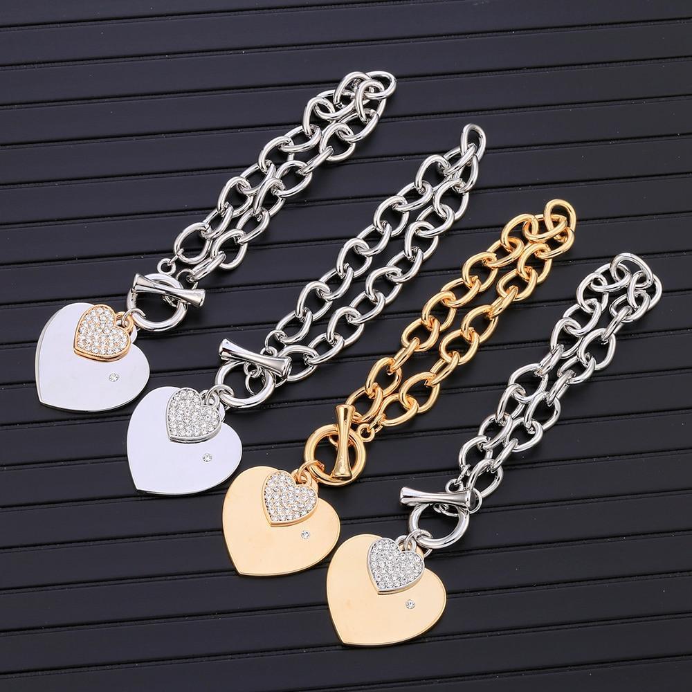 Dainty Heart Charm Link Chain Bracelet in Polished Silver Tone