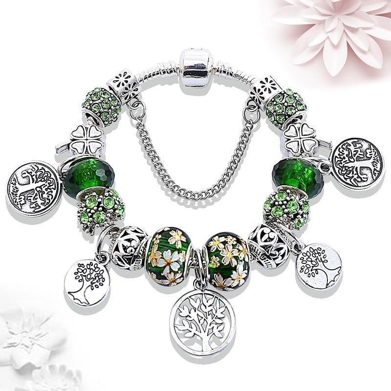 Silver Tree of Life Charm Bracelet with Green Crystals