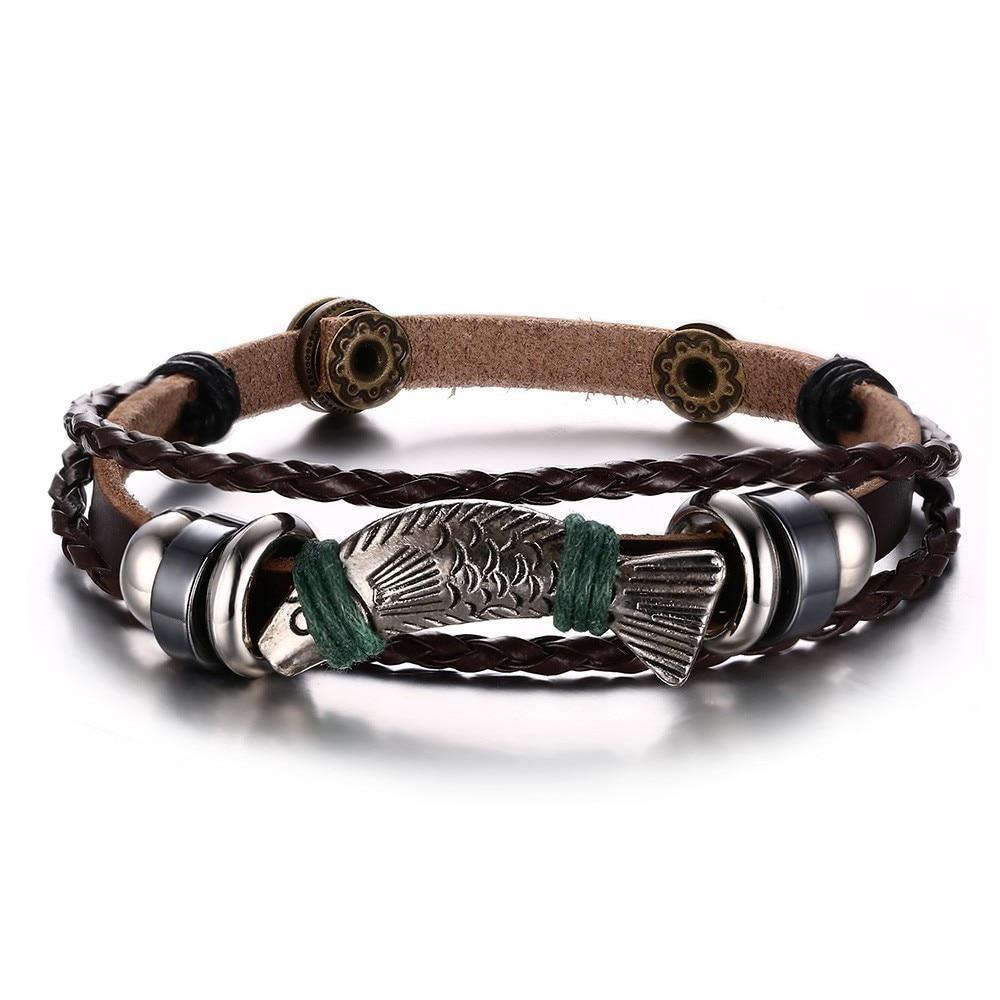 Vintage Men's Leather Playing Card Charm Multilayer Bracelet