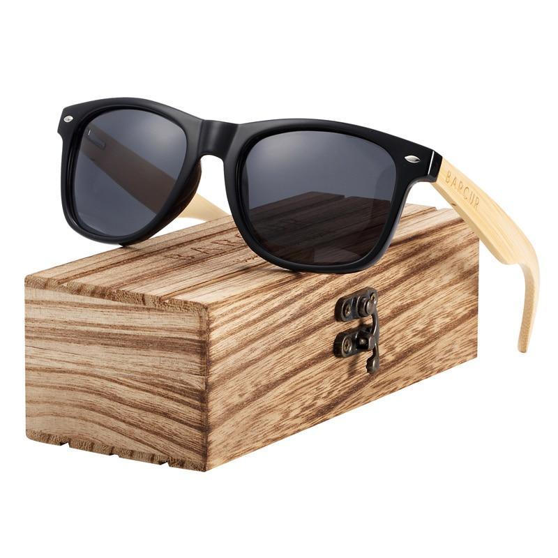Unisex Retro Rectangular Polarized Sunglasses with Wood Arms
