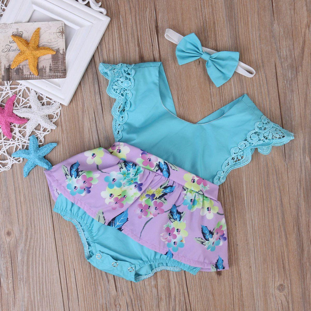 Baby Girl Floral Romper Dress in Purple or Teal with Headband