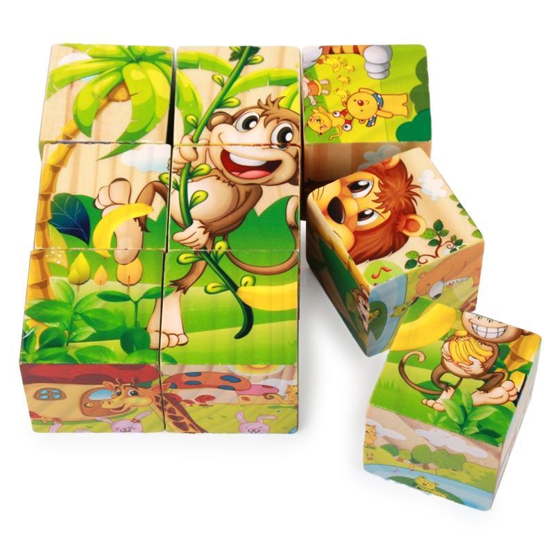 Nine-Block Wooden 3D Cube Puzzle Set - Vibrant Educational Toy