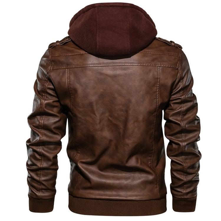 Men's Vintage Motorcycle Jacket with Removable Hood - Black Biker Coat
