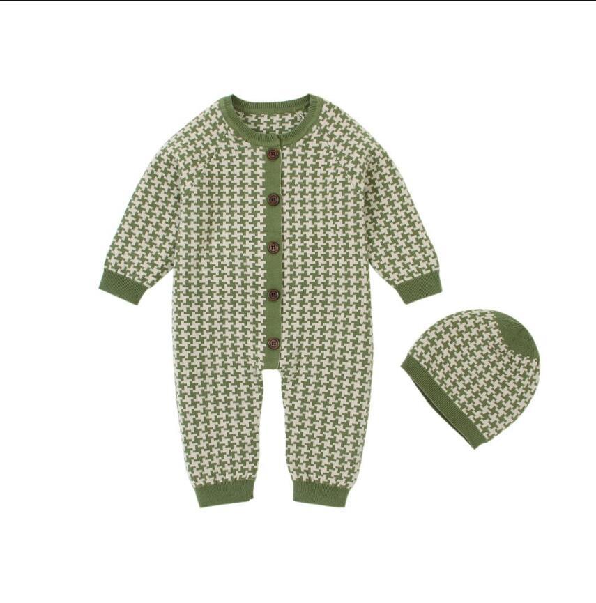 Knitted Newborn Baby Romper with Plaid Hat Cotton Jumpsuit
