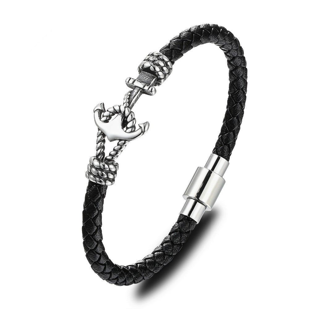 Black Leather Anchor Bracelet for Men and Couples