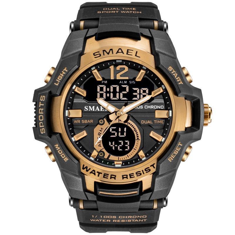 Modern luxury men's sport watch with dual display and black military-style finish