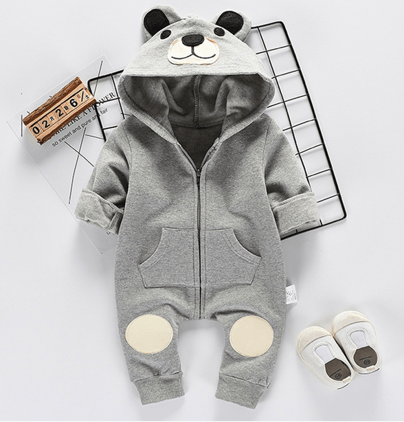 Baby Bear Ear Hooded Romper - Fleece Lined Winter Jumpsuit