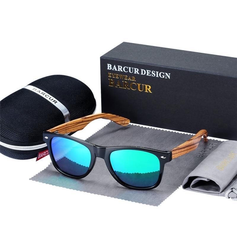 Natural Zebra Wood Polarized Sunglasses - Rectangle Mirror Lens