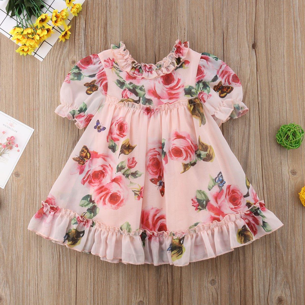 Floral Chiffon A-Line Dress with Lace Ruffle Sleeves