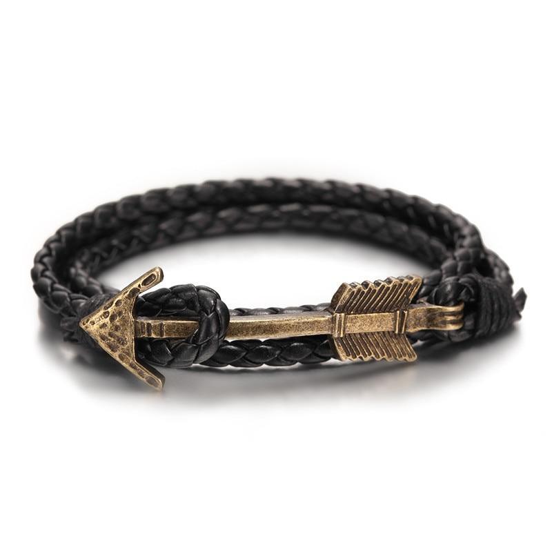 Vintage multilayer leather bracelet for men and women featuring a bronze arrow and anchor charm.