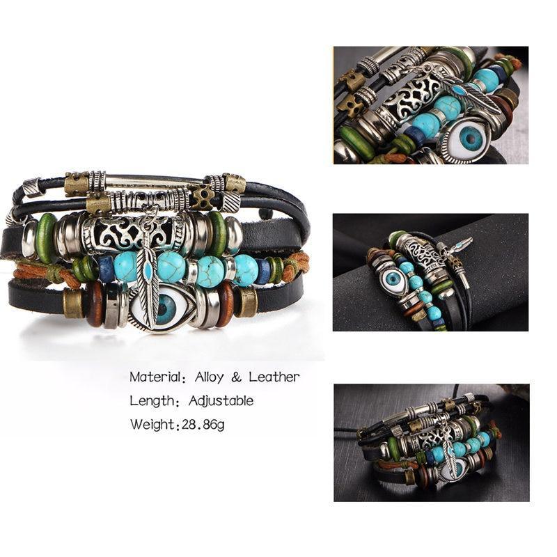 Boho Multilayer Leather Wrap Bracelet with Gemstone Beads