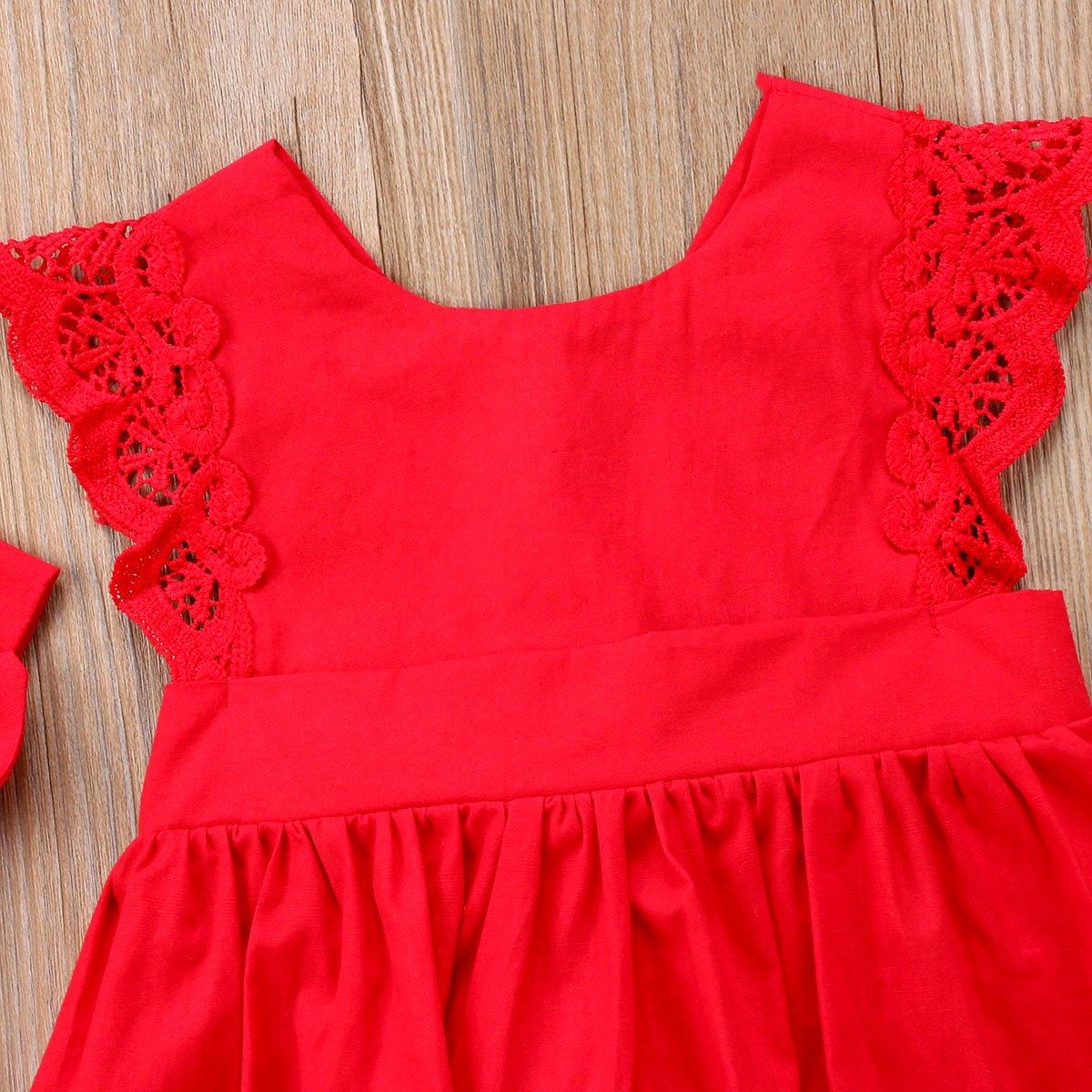 Red Lace Ruffle Romper Dress with Headband for Baby Girls