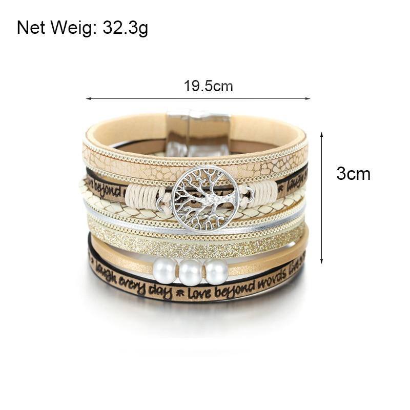 Tree of Life Leather Wrap Bracelet with Pearl Bohemian Cuff