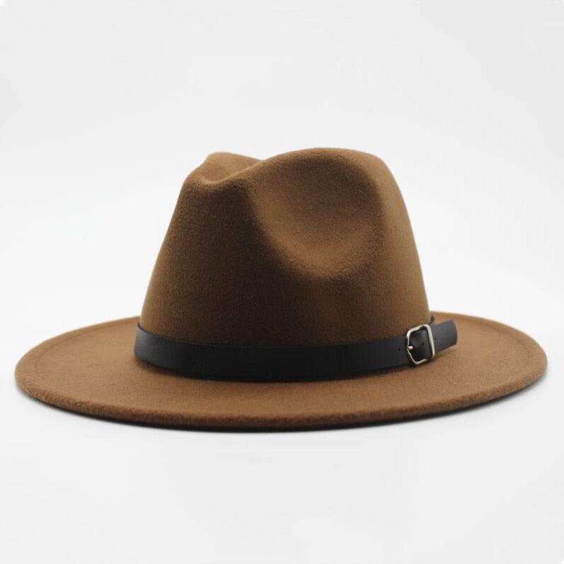 Vintage Wide Brim Fedora Hat with Buckle - Retro Wool Blend Cap