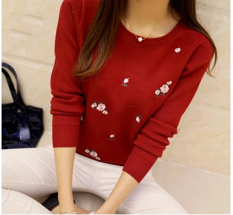 Women Floral Embroidered Knit Sweater Long Sleeve Pullover - Image 13