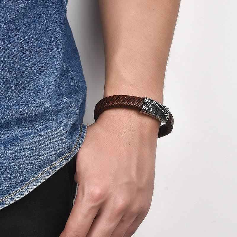 Handmade Braided Leather and Stainless Steel Magnetic Bracelet