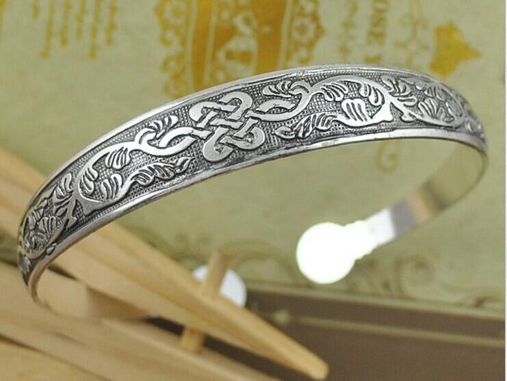 Vintage Tibetan Silver Floral and Animal Motif Cuff Bangle