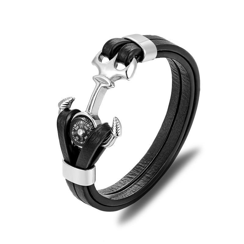 Multi-Layer Leather & Stainless Steel Nautical Charm Bracelet