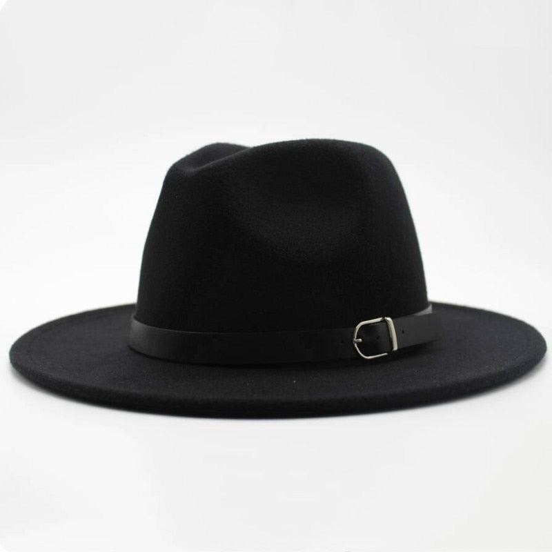 Vintage Wide Brim Fedora Hat with Buckle - Retro Wool Blend Cap