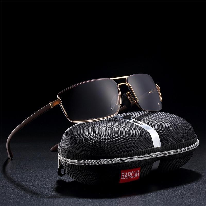 A pair of luxury rectangular polarized sunglasses with a metal frame and UV400 protection.