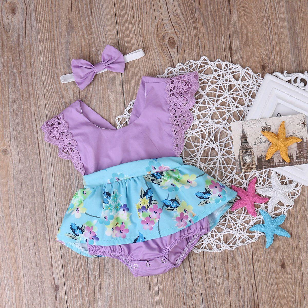 Baby Girl Floral Romper Dress in Purple or Teal with Headband