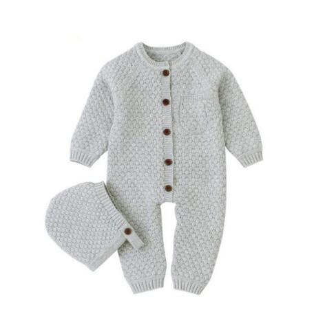 Classic Knitted Cotton Baby Romper with Hat Set for Winter