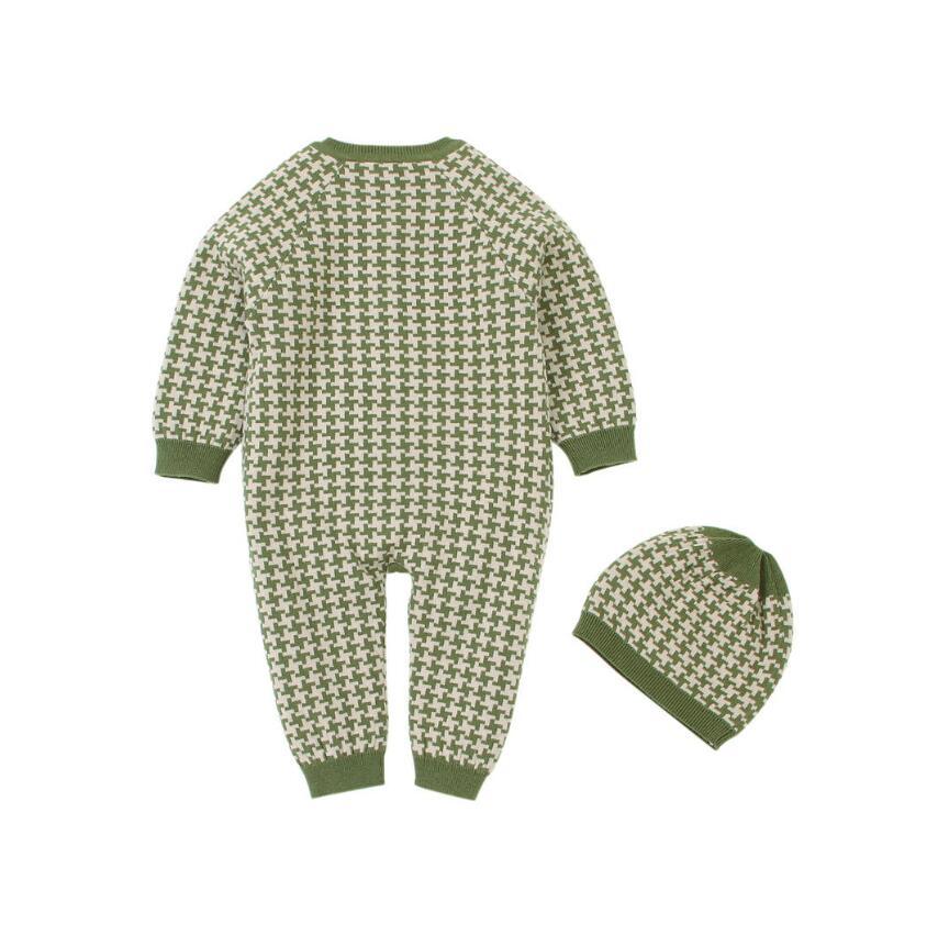 Knitted Newborn Baby Romper with Plaid Hat Cotton Jumpsuit