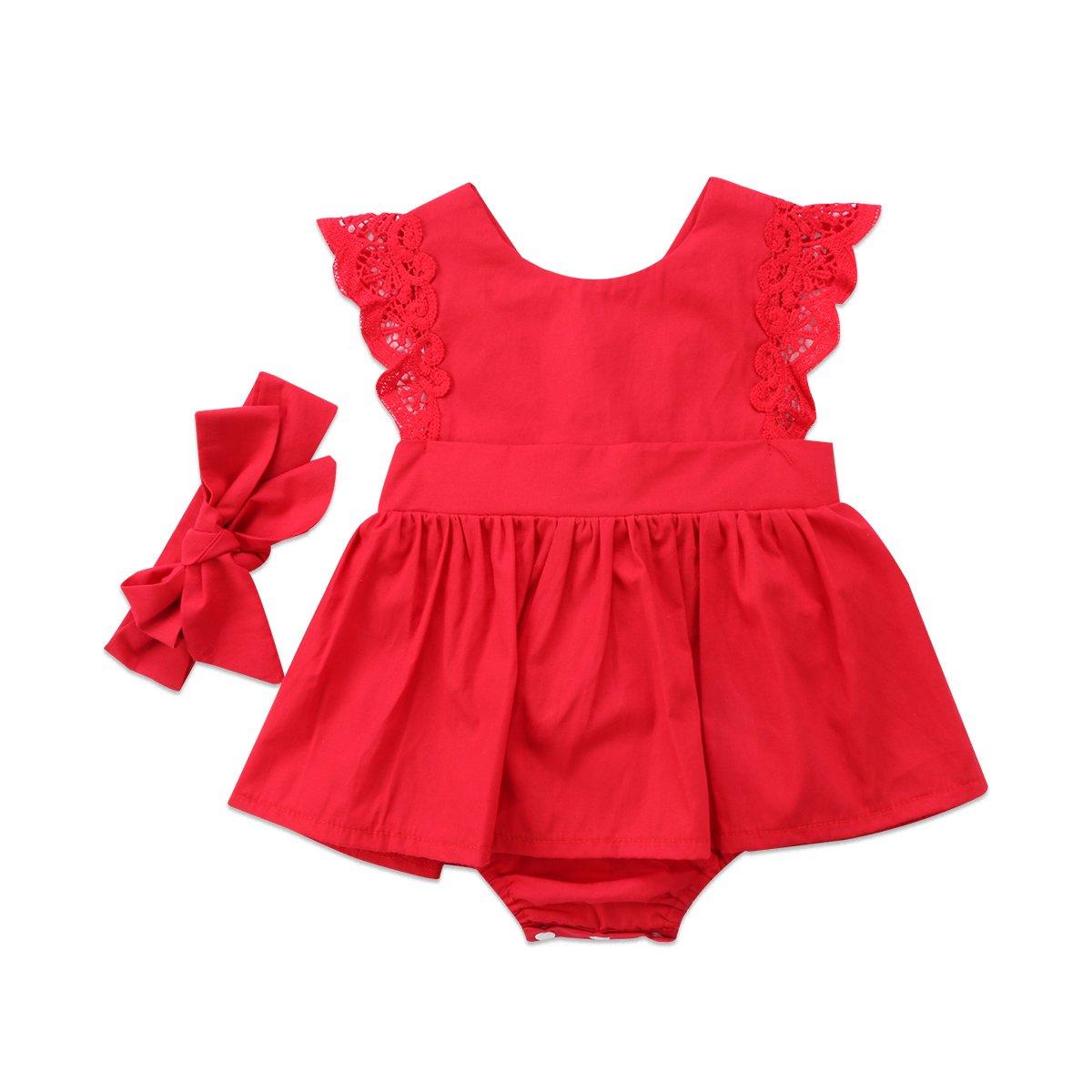 Red Lace Ruffle Romper Dress with Headband for Baby Girls