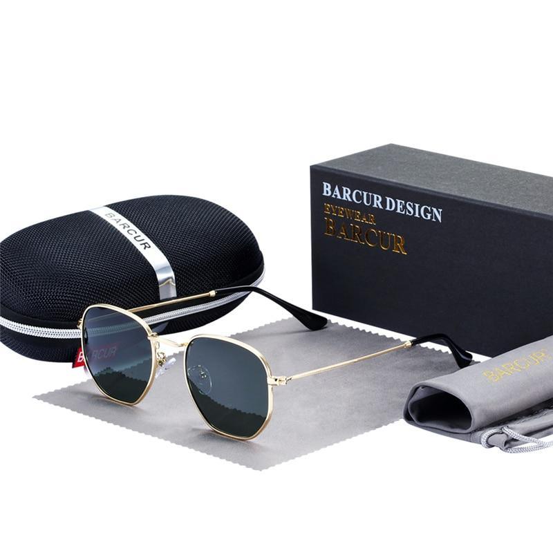 Minimalist retro stainless steel sunglasses for men and women with UV400 polarized lenses.