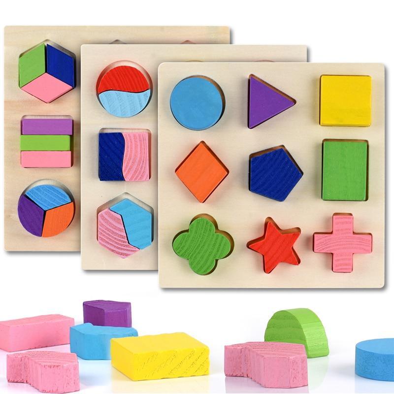 A multi-colored wooden geometric shape sorting puzzle on a clean, minimalist white background.