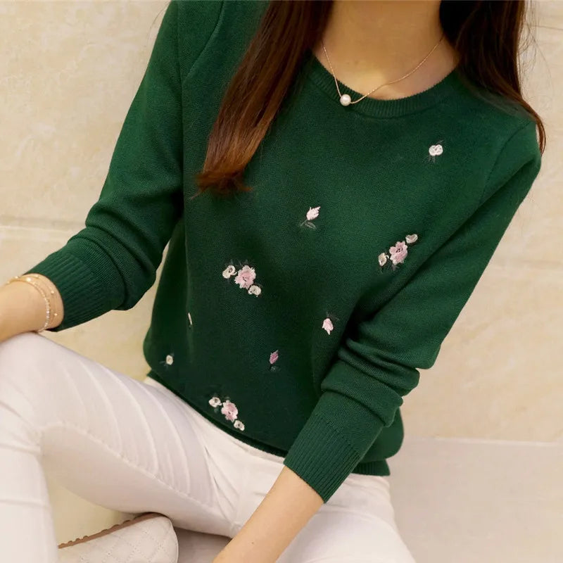 Women Floral Embroidered Knit Sweater Long Sleeve Pullover - Image 5
