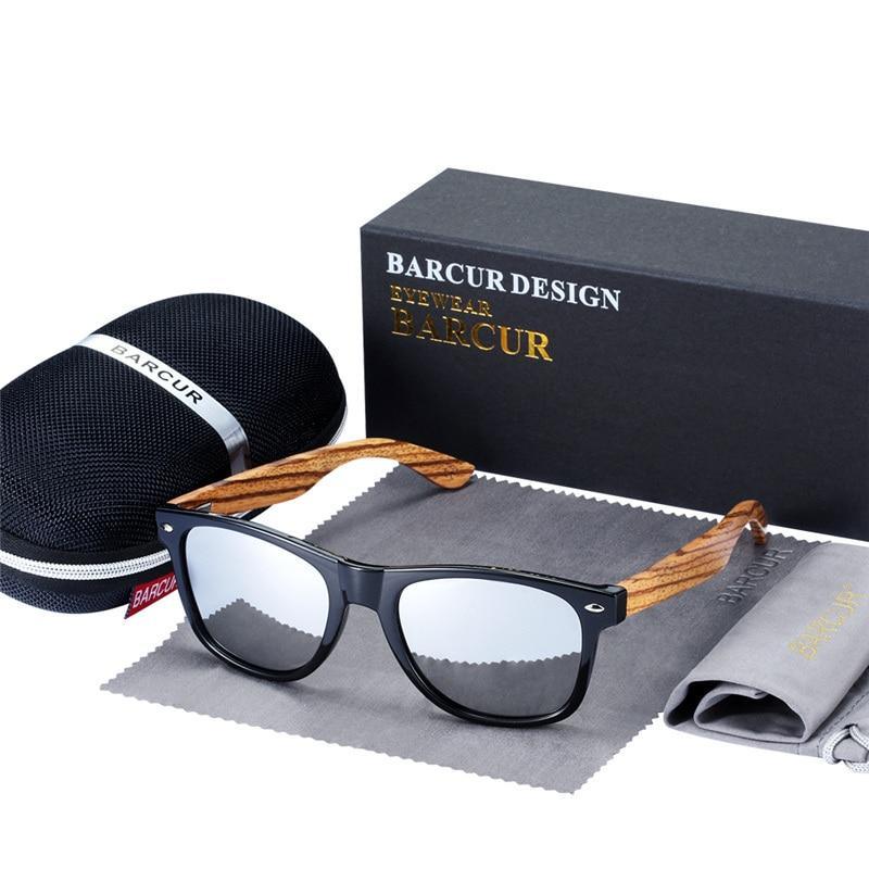 Natural Zebra Wood Polarized Sunglasses - Rectangle Mirror Lens