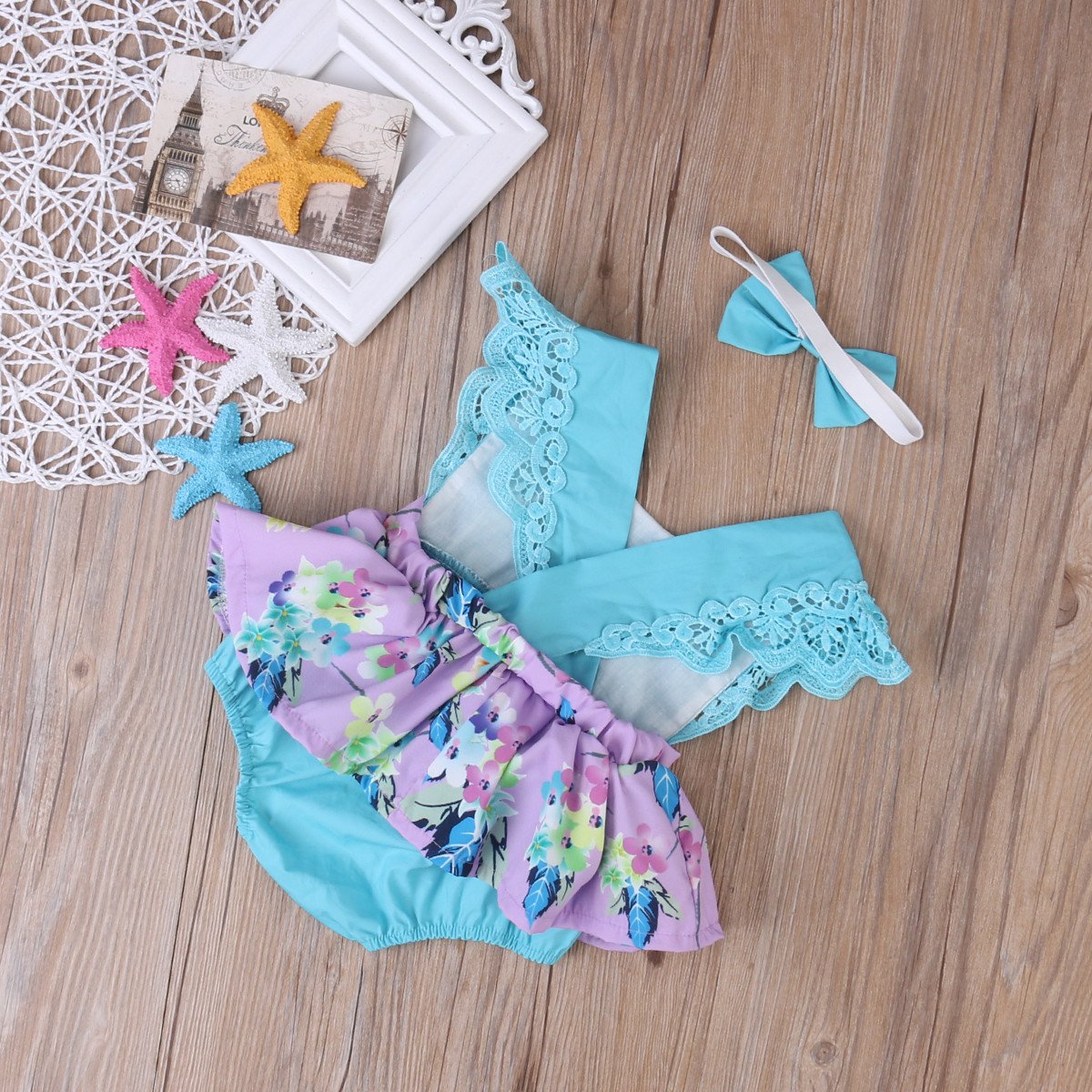 Baby Girl Floral Romper Dress in Purple or Teal with Headband